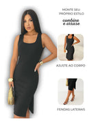 Vestido Preto Midi Decote Quadrado Com Fenda E Alça Larga