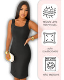 Vestido Preto Midi Decote Quadrado Com Fenda E Alça Larga