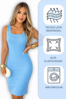 Vestido Azul Midi Decote Quadrado Com Fenda E Alça Larga